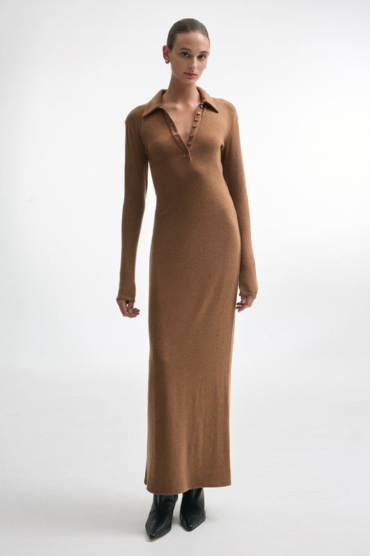 WHITNEY LONG SLEEVE DRESS BROWN