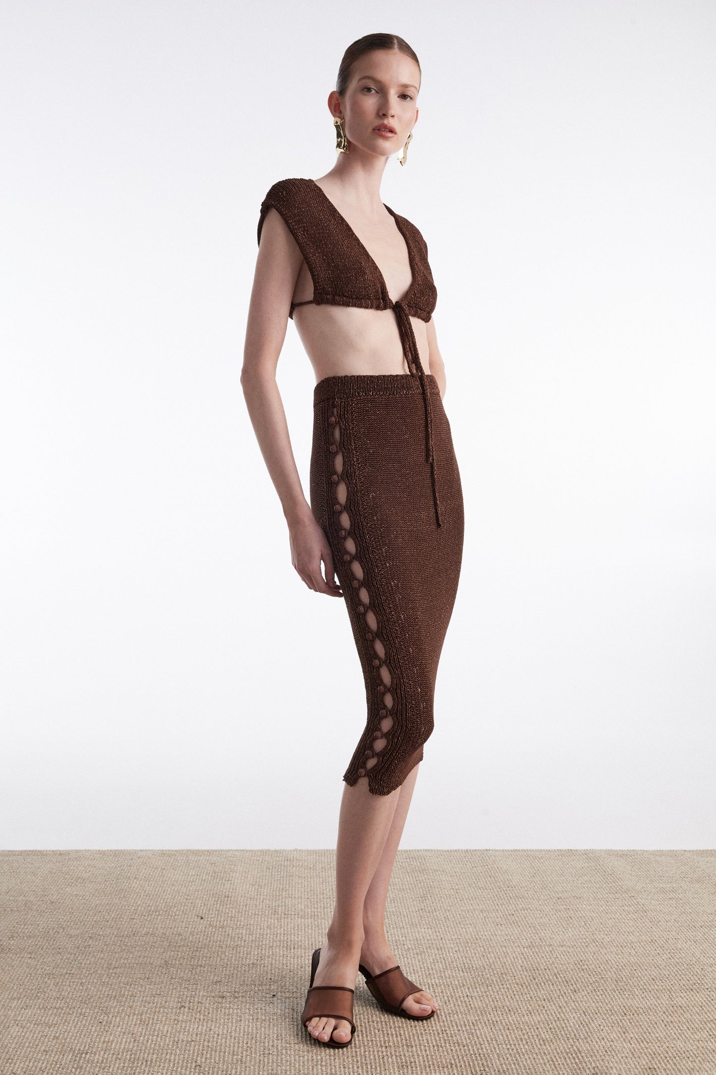 VOYAGE KNITTED MIDI SKIRT BROWN