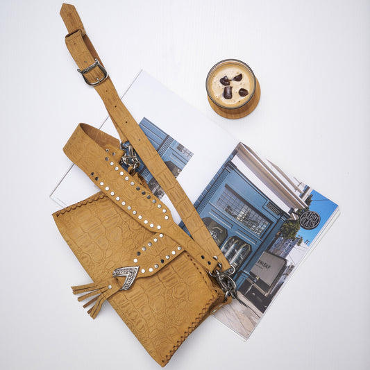 "I am love" shoulder bag, honey suede