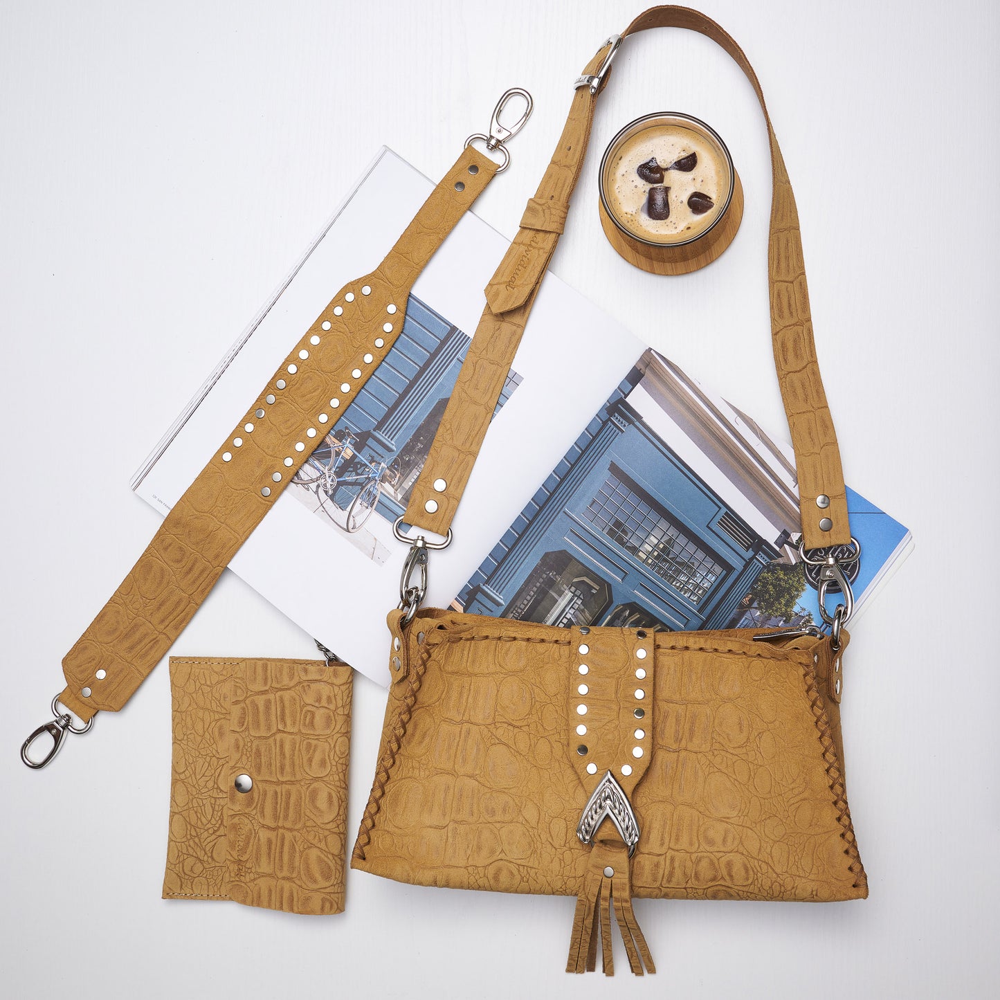 "I am love" shoulder bag, honey suede