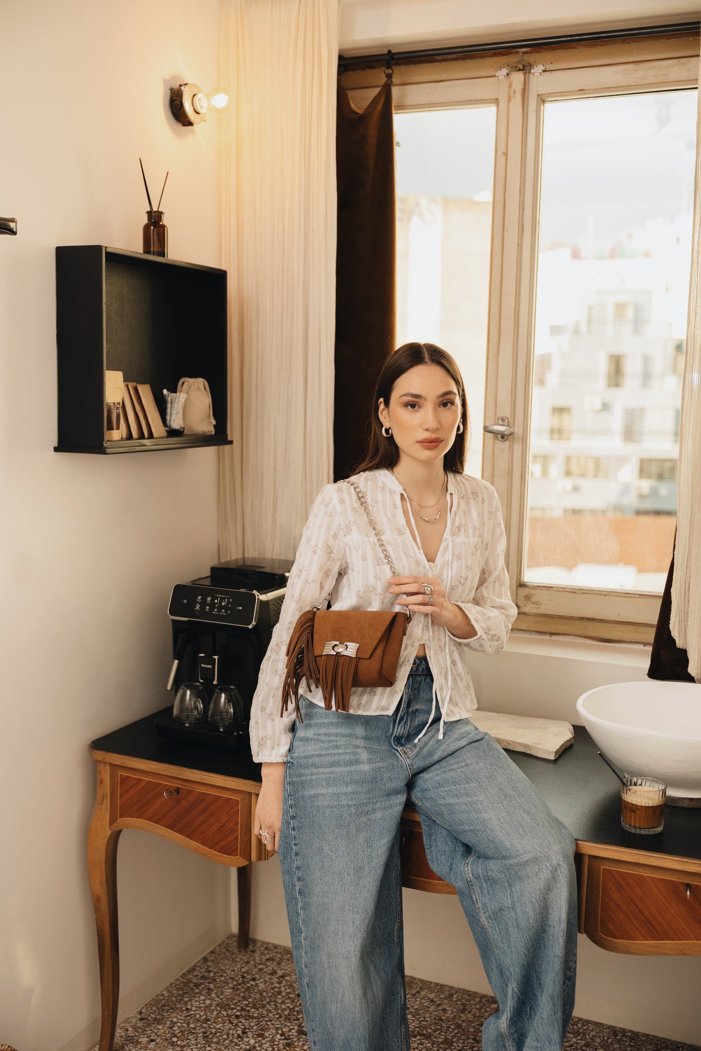 "Woman" shoulder bag, chocolate suede