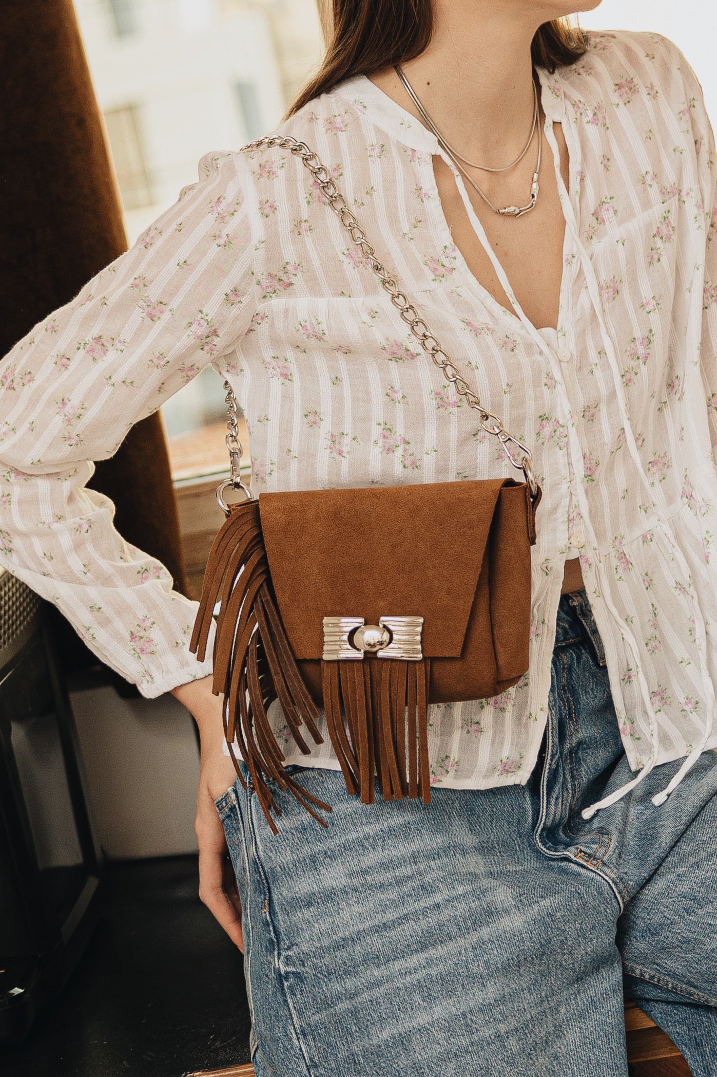 "Woman" shoulder bag, chocolate suede
