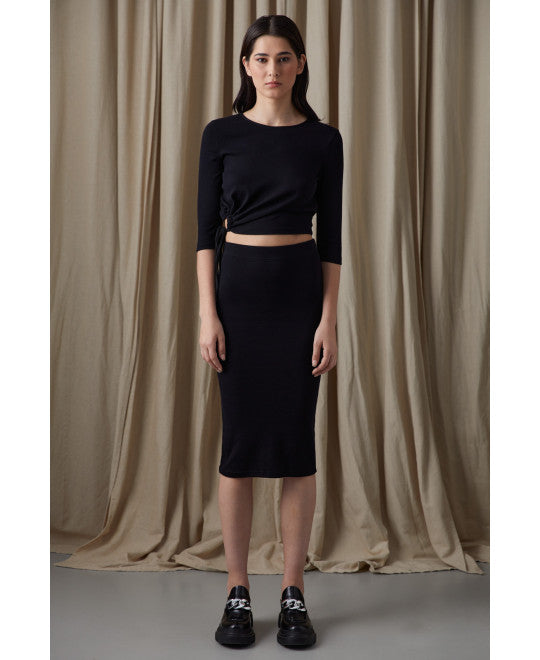 Coquette Rib-Knit Pencil Skirt-BLACK